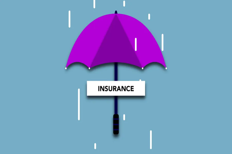 Illustration of a purple umbrella labeled insurance shielding from white rain against a blue background